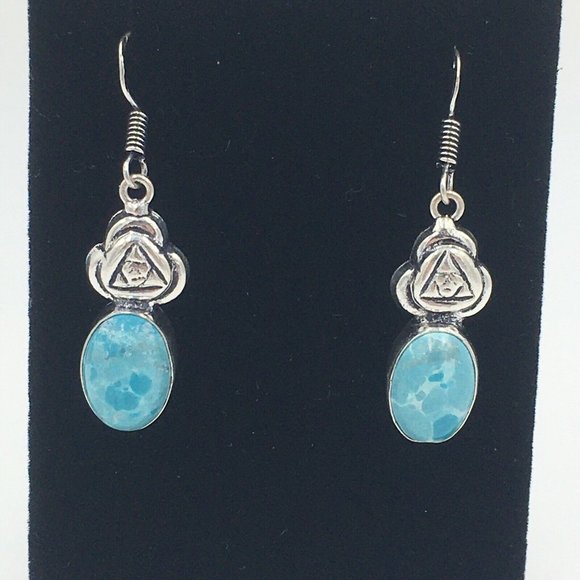 Gorgeous Blue Mosaic Jasper Cabochon 925 Sterling Pierced Dangle EARRINGS - NEW! - Picture 2 of 5